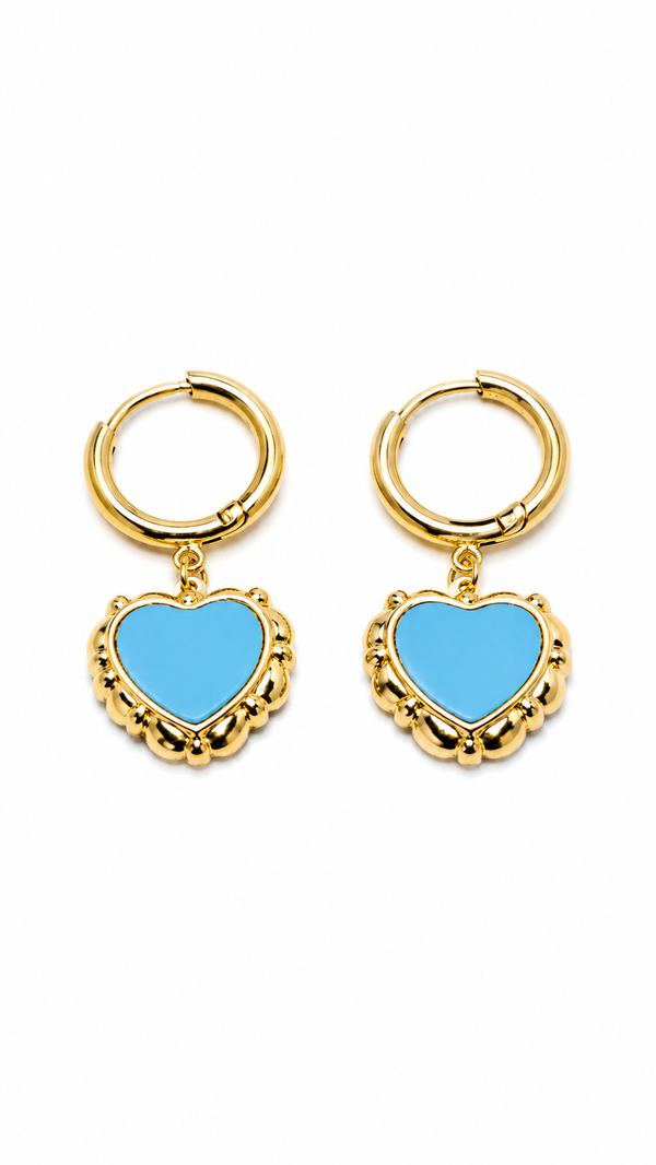 A Pair of Gold Hoop Sky Blue Heart-Shaped Earrings