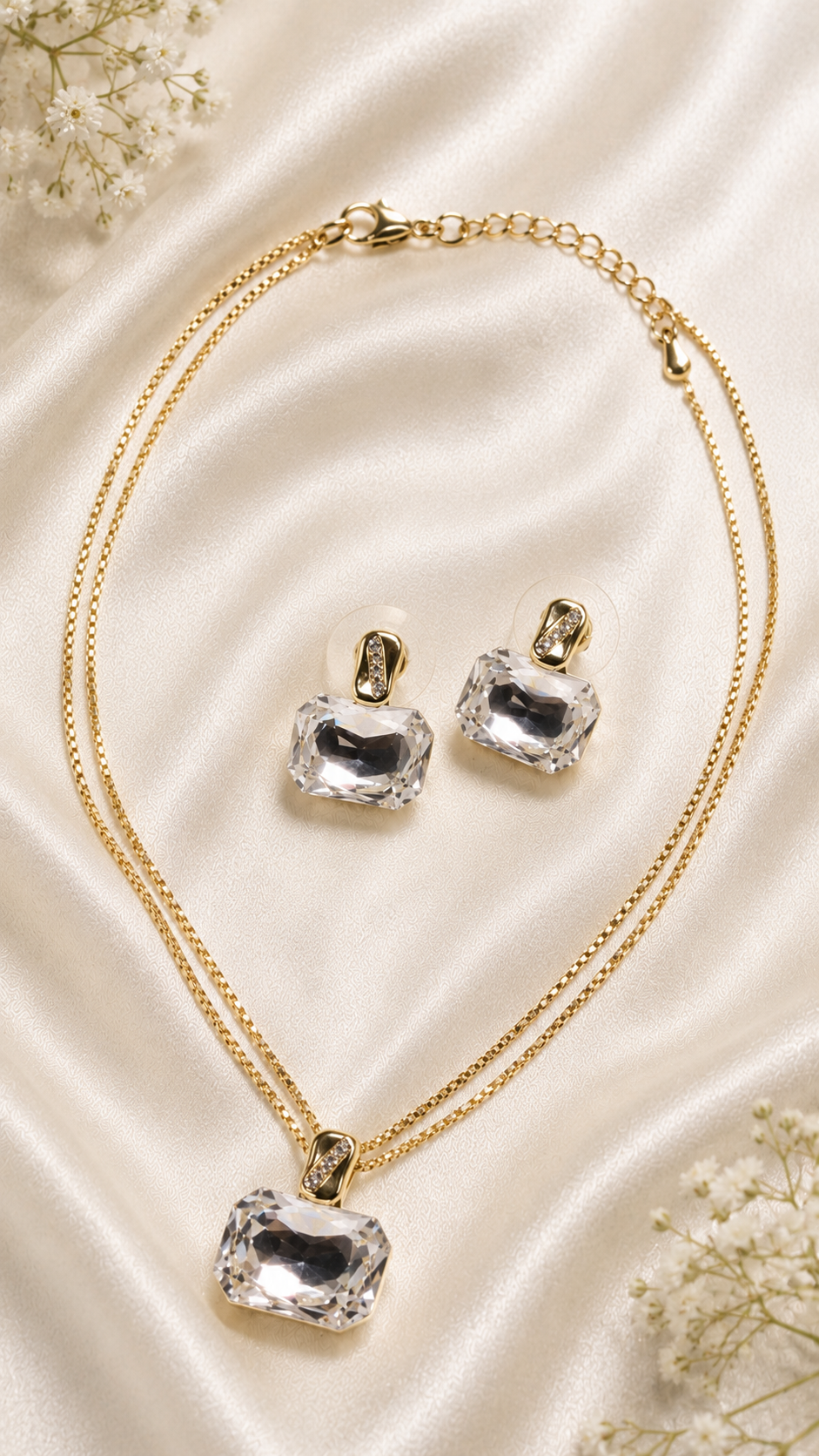 A Gold -Tone White Emerald Rectangular Geometric Layered Necklace