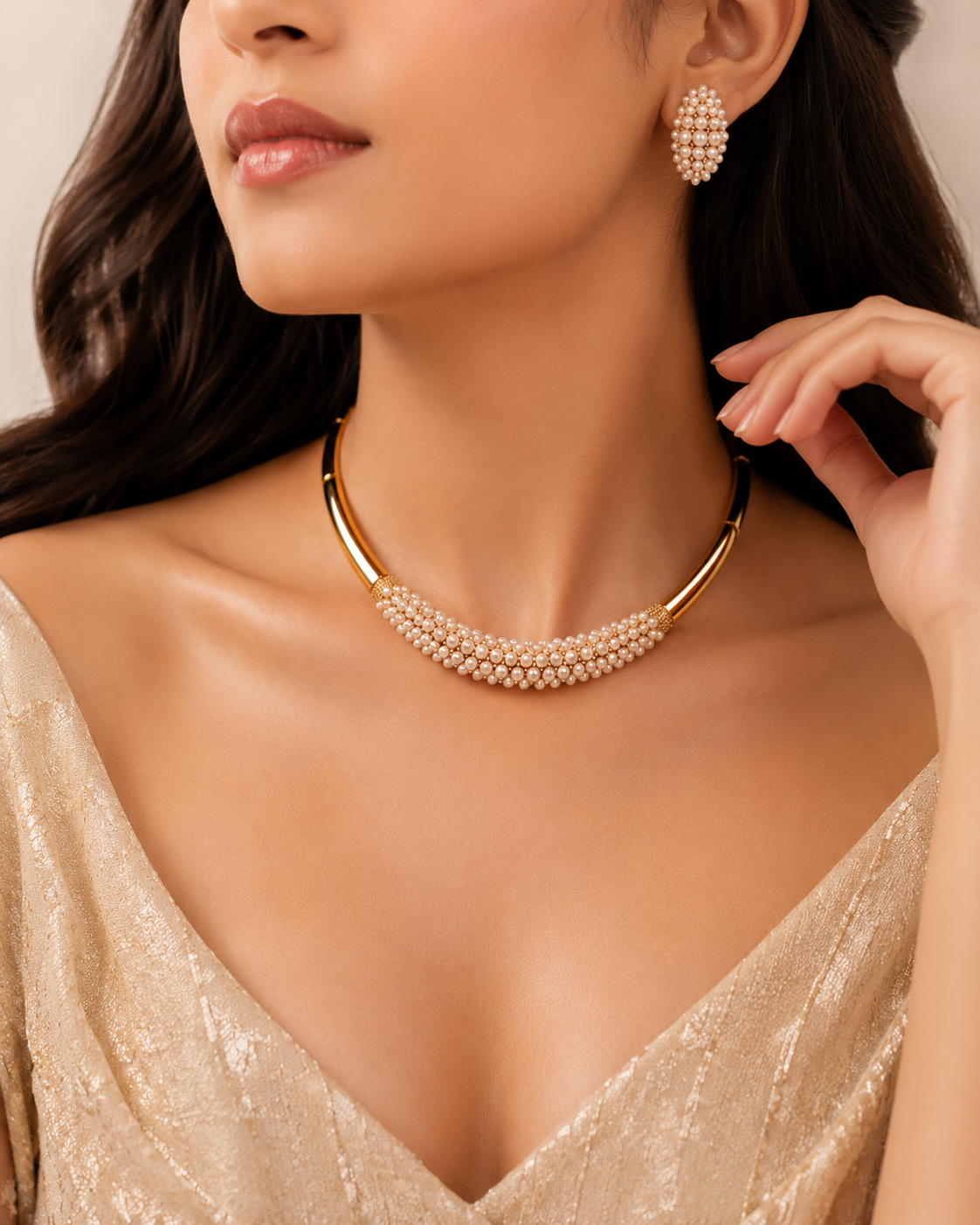 A Gold-Plated Bangle Pearl Necklace Set