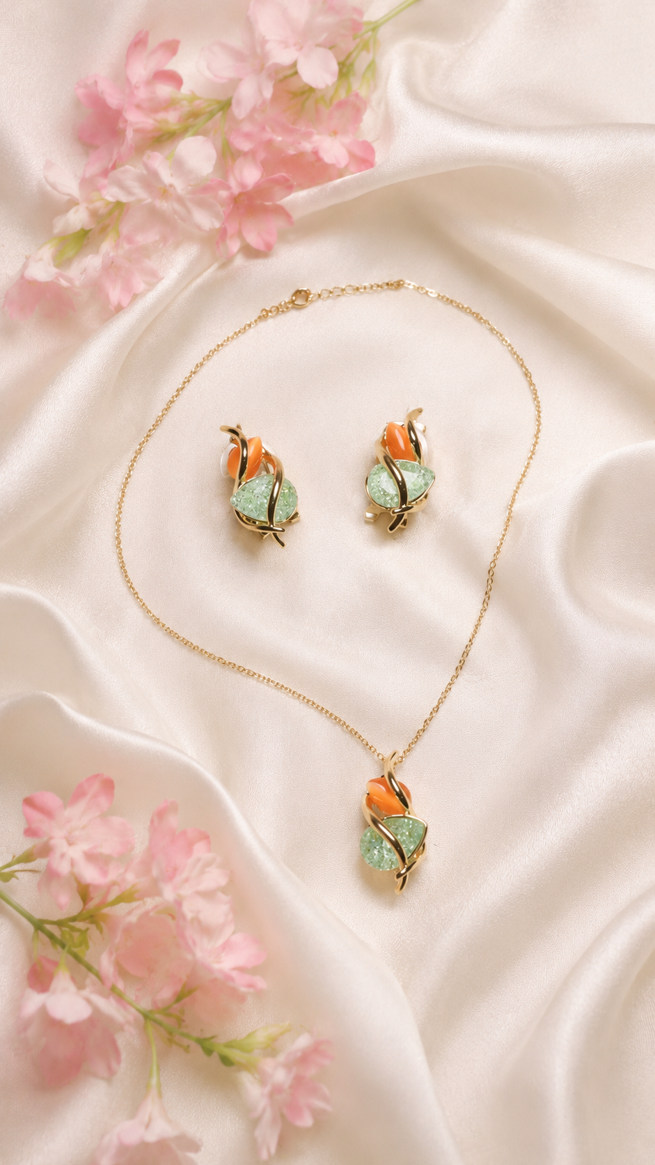 A Gold-Tone Light Green and Orange Jewellery Set