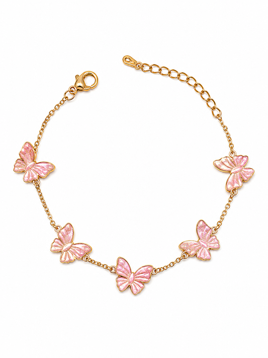 Gold Chain Bracelet With Pink Butterfly