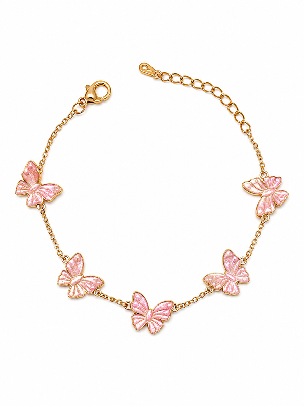 Gold Chain Bracelet With Pink Butterfly