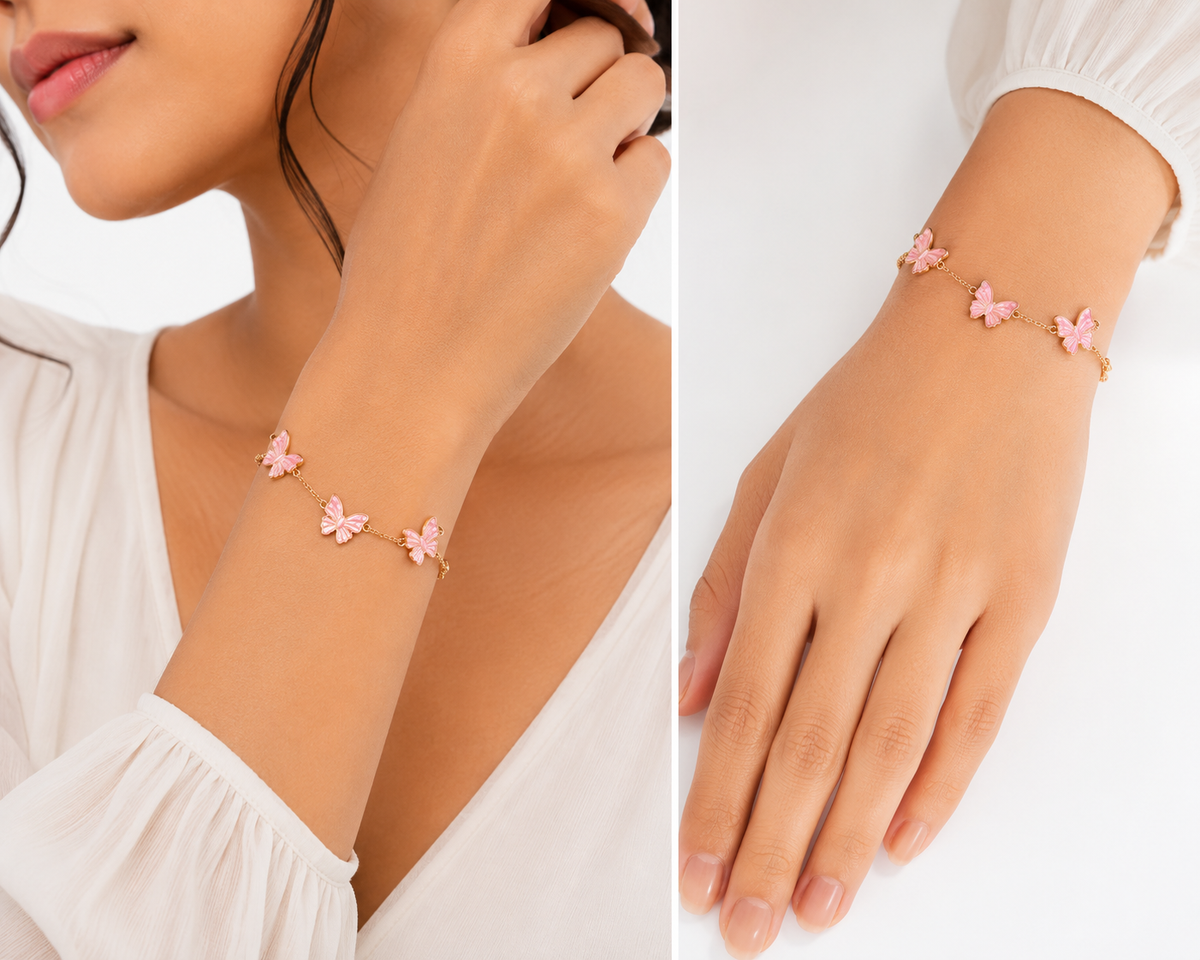 Gold Chain Bracelet With Pink Butterfly