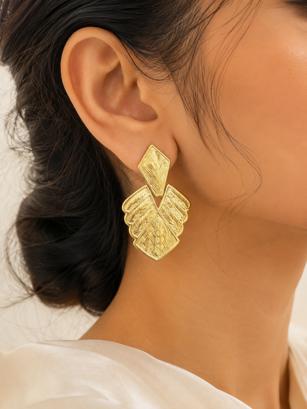 Gold Textured Chevron Statement Earrings