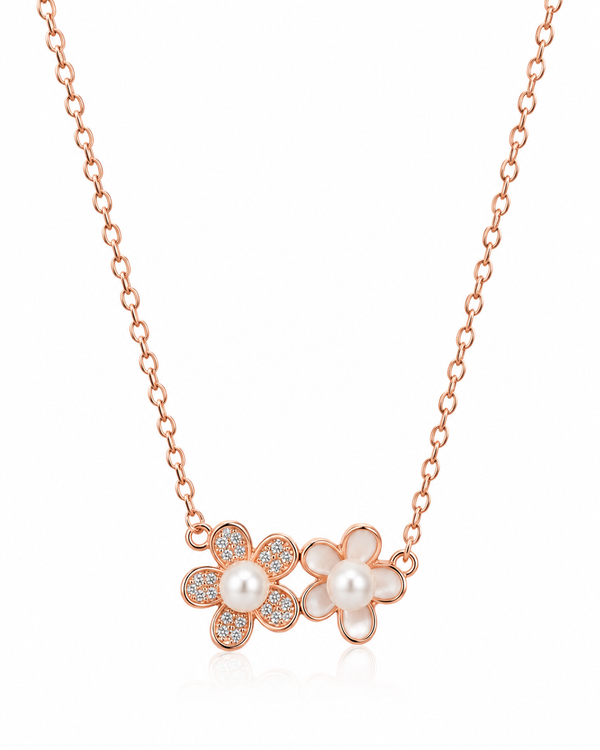 Sliver 925 Rose Gold Necklace With Two Flower Pendants