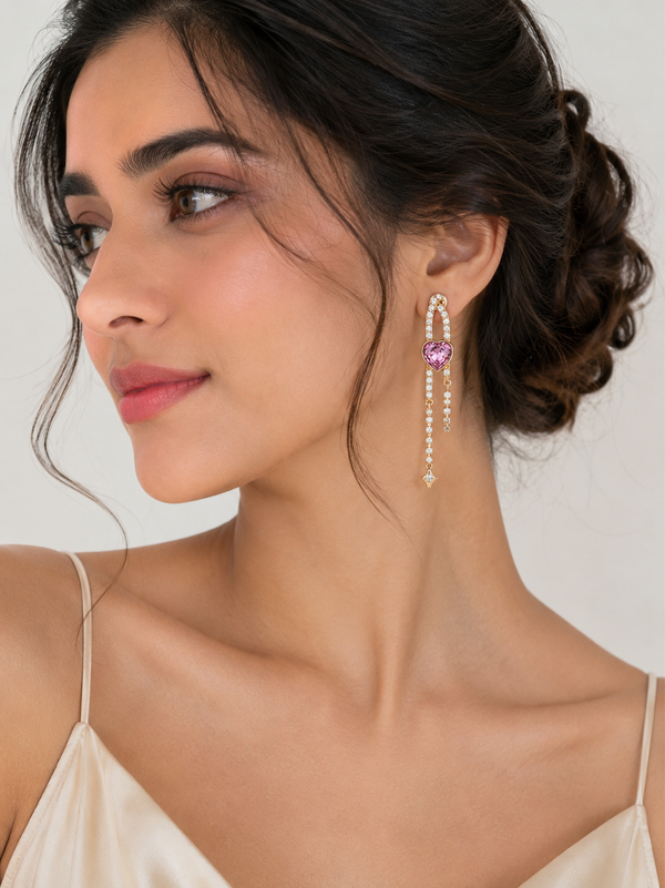Pink Gemstone & White Pearl Drop Earrings