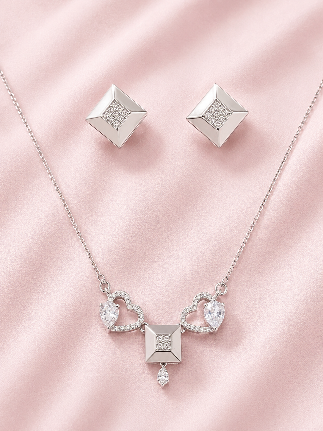 Silver 925 Geometric Diamond Pendant Set