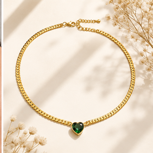 Golden Necklace with Heart Shaped Gemstone