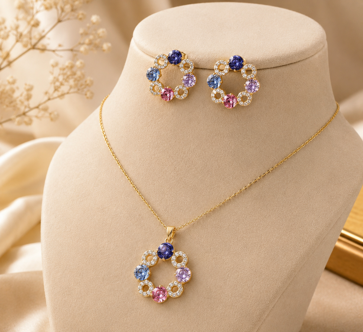 A Gold-Tone Jewelry Set With a Flower-Shaped Pendant
