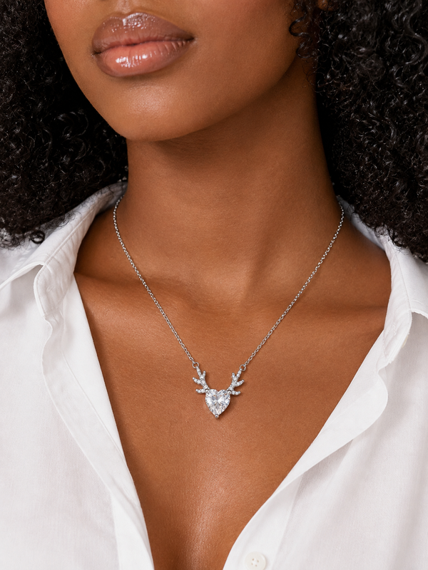 Silver 925 Heart-Shaped Antler Crystal Pendant Set