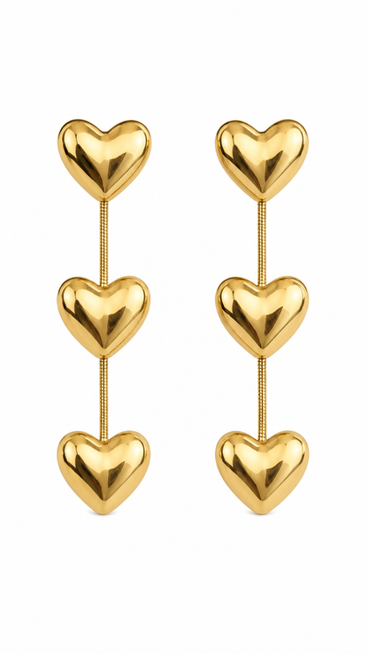 A Golden Triple Heart Drop Earrings